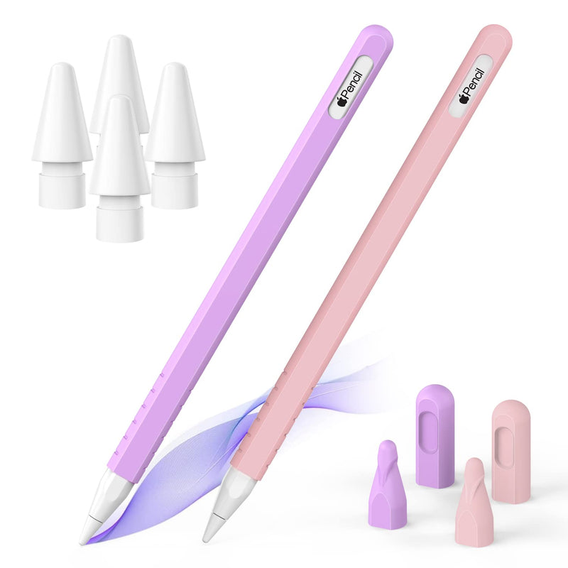 2 Pack Apple Pencil 2nd Generation Case: Soft Protective Sleeve Accessories for Apple Pen 2nd Gen, Silicone Grip Skin for Apple Pencil 2 Gen w/ 4 Replacement Pencil Tips, 4 Nibs Cover, Pink + Purple Apple Pencil 2nd Gen Accessories Set Purple + Pink