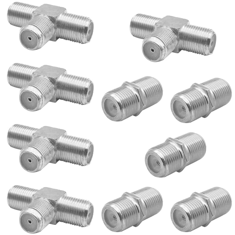 10 Pack RG6 Coax Coaxial Cable Extender and F Type RG6 Female to 2 Female 3 Way Coax Cable T Splitter Adapter, Coaxial Cable Connector T Shape and Female to Female for TV Video VCR Antenna Satellite Silver