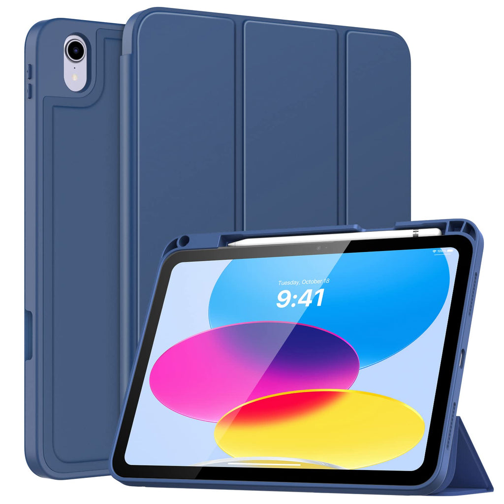 MoKo iPad 10th Generation Case with Pencil Holder iPad 10.9 Inch Case 2022, Soft TPU Smart Stand Back Cover Case for iPad 10th Generation, Support Touch ID&Auto Wake/Sleep, Navy Blue