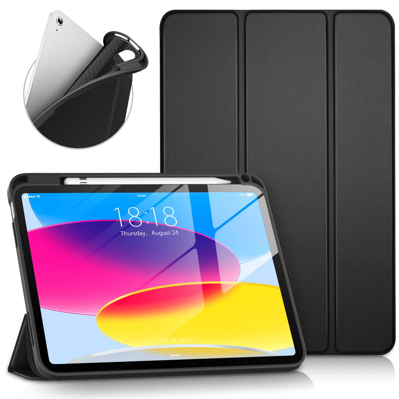 DTTO iPad 10th Generation Case 10.9 Inch 2022, Slim Tri-fold Stand Soft TPU Back with Pencil Holder for iPad 10 Case - Support Touch ID, Auto Sleep/Wake, and Honeycomb Grid Cushion, Black