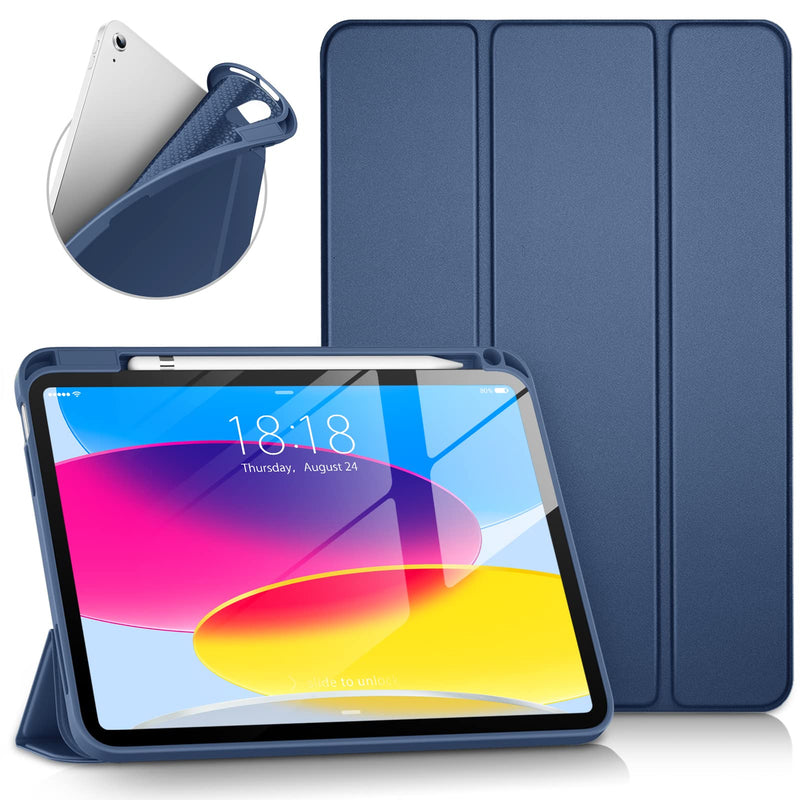 DTTO iPad 10th Generation Case 10.9 Inch 2022, Slim Tri-fold Stand Soft TPU Back with Pencil Holder for iPad 10 Case - Support Touch ID, Auto Sleep/Wake, and Honeycomb Grid Cushion, Navy Blue A-Navy Blue