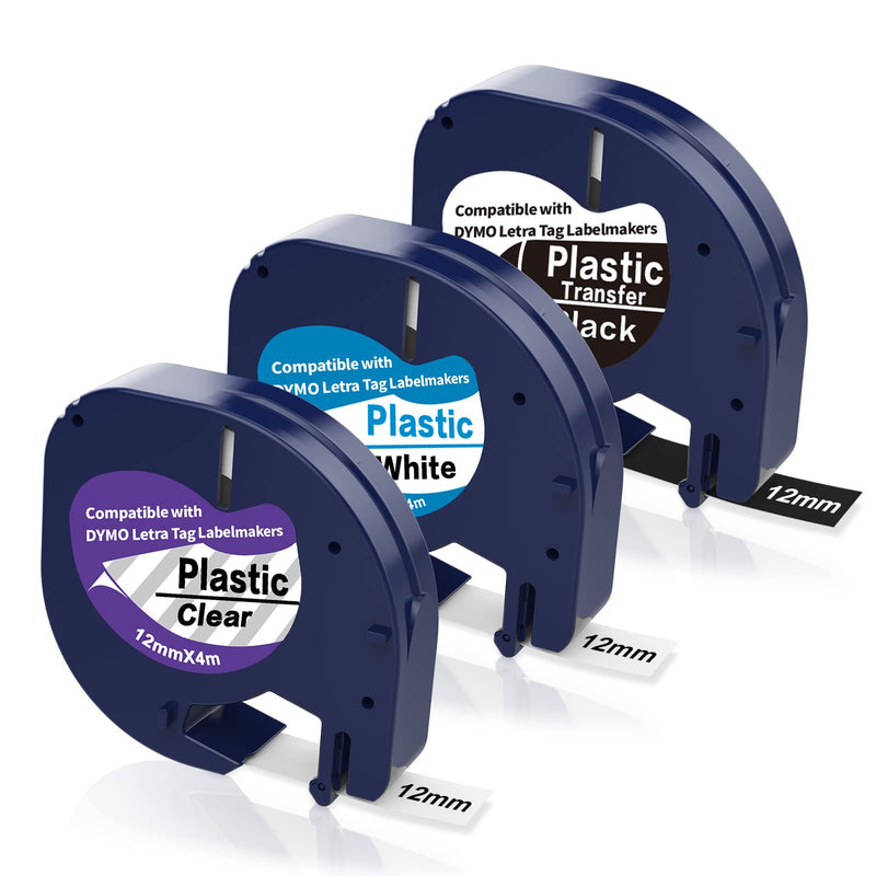 3 Pack Compatible with Dymo Letratag Refills Replacement for Dymo Label Maker Refills 1/2" x 13'(12mm x 4)m Clear Plastic Label Tape for Letra Tag LT 100H 100T QX50 Handheld Label Maker Tape Refill 3-12mm Colored