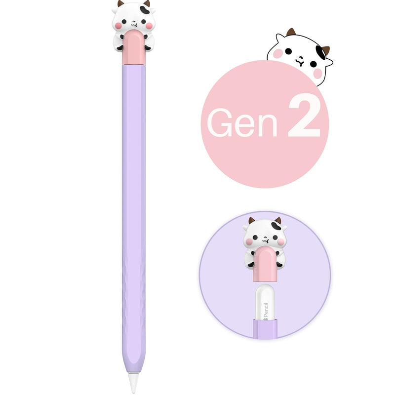 NIUTRENDZ Cute iPencil Case for Apple Pencil 2nd Generation Cover Silicone Sleeve Accessories Protective Skin Compatible with Magnetic Charging and Double Tap (Cow + Pink + Purple) Cow + Pink + Purple