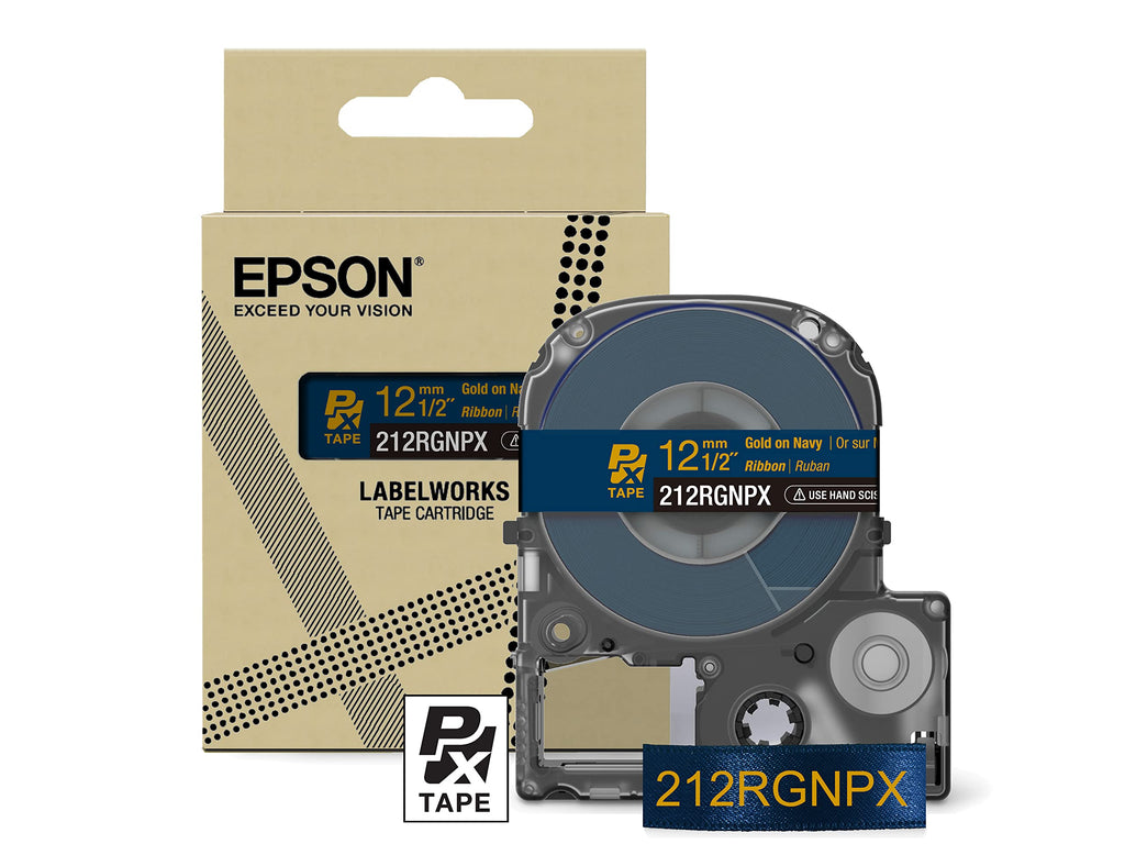 Epson LABELWORKS 212RGNPX PET (Polyester) Tape Cartridge - Gold on Navy Ribbon Designer Craft Label Maker Tape - 1/2" (12MM) Wide, 16'