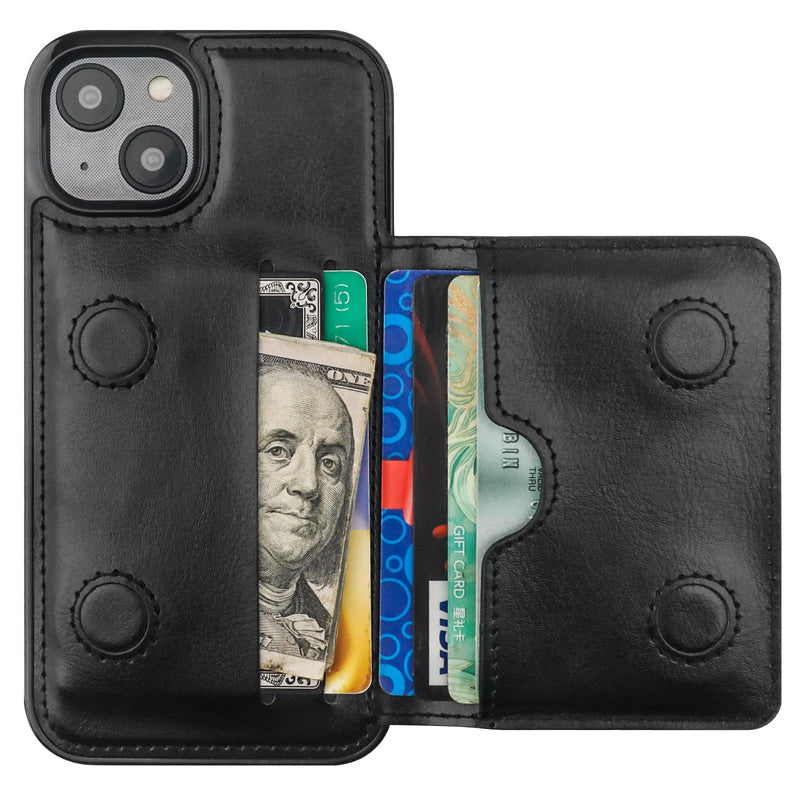 KIHUWEY Compatible with iPhone 14 Wallet Case Credit Card Holder, Premium Leather Kickstand Flip Hidden Magnetic Clasp Durable Shockproof Protective Cover for iPhone 14 6.1 inch (Black) Black