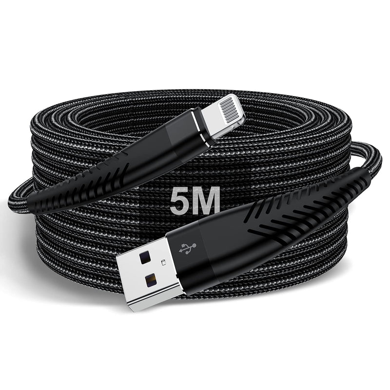 Extra Long iPhone Charger Cable 16ft/5M, Apple MFi Certified Lightning Cable 15ft, Fast Charging Nylon Braided iPhone Charging Cord for Apple iPhone 13 Pro Max/13/12 Mini/11/X/XS/XR/8 Plus/7/6/5/iPad 1Pack Black 16 Feet