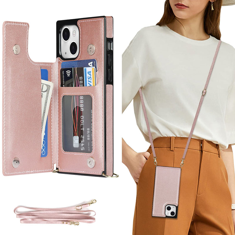 DEFBSC Compatible with iPhone 14 Case, Crossbody Wallet Case, Adjustable Detachable Lanyard Neck Strap with Kickstand Leather Card Holder Protective Cover for iPhone 14 6.1"-Rose Gold Rose Gold