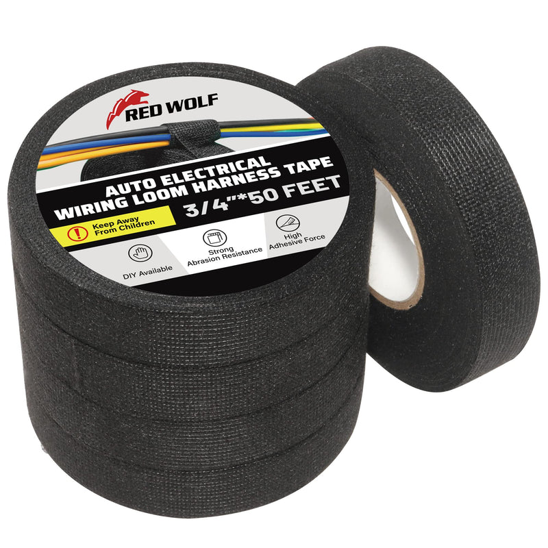 RED WOLF Wiring Harness Tape High Temp Wire Cable Loom Self-Adhesive Fabric Tape for Electrical Automotive Engine Harness Wrap Protection Noise Damping Cables Fixed 3/4 Inch x 49 FT 5 Rolls