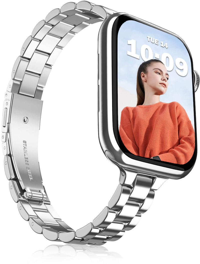 Lenrao Thin Stainless Steel Bands Compatible with Apple Watch 38mm 40mm 41mm 42mm 44mm 45mm for Women, Metal Straps for iWatch Series 8 7 6 5 4 3 2 1 SE Silver 38mm/40mm/41mm