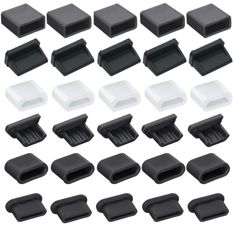 30 PCS 6 Types USB Anti Dust Cover Plugs, USB Type-C Dust Stopper, Silicone Soft Micro USB Cap Port Protector, Anti Dust Cover Protector Plugs Cap for USB A, Micro USB, Type C Ports (30PCS) 30PCS