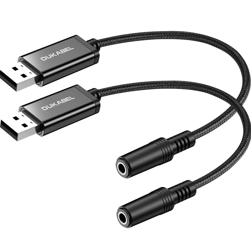 DUKABEL USB to 3.5mm Jack Audio Adapter, 2 Pack USB to Aux Cable with TRRS 4-Pole Mic-Supported USB to Headphone AUX Adapter Built-in Chip External Sound Card for PC PS4 PS5 and More [9.8 inch] 9.9 inch / 2-Pack