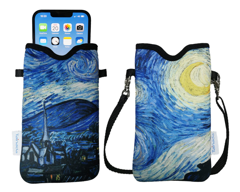 Tainada Men Women Neoprene Phone Sleeve Pouch Case Bag with Crossbody Strap/Neck Lanyard for iPhone 14/13/12/11 Pro Max, Samsung S22+, S21 FE, A53, Google Pixel 6 (Starry Night) Starry Night