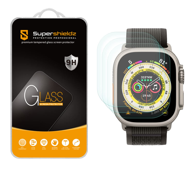 (3 Pack) Supershieldz Designed for Apple Watch Ultra 49mm Tempered Glass Screen Protector, Anti Scratch, Bubble Free
