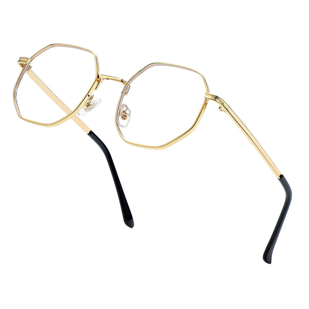 JOVAKIT Polygon Blue Light Blocking Glasses for Women Men Vintage Octagon Square Non-prescription Metal Eyeglasses Gold 50 Millimeters