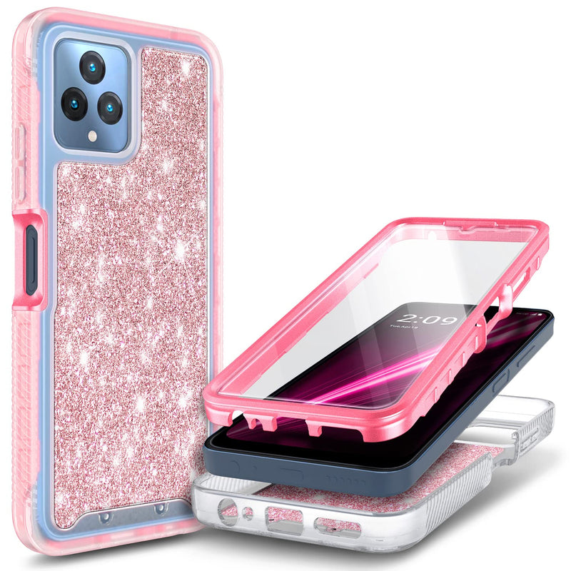 NZND Case for T-Mobile REVVL 6 5G with [Built-in Screen Protector], Full-Body Shockproof Protective Rugged Bumper Cover, Impact Resist Durable Phone Case (Glitter Rose Gold) Glitter Rose Gold