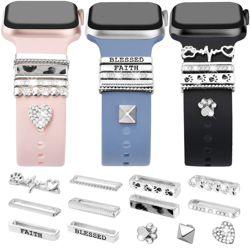 JR.DM 13 Piece Silver Apple Watch Charms With 10-Pcs Decorative Rings Loops & 3-Pcs Classic Clasp, Compatible With Smart Watch 38mm 40mm 41mm 42mm 44mm 45mm Metal Diamond Sliding Strap Accessories for iWatch Series 8 7 6 5 4 3 2 1 (No Watch Band)