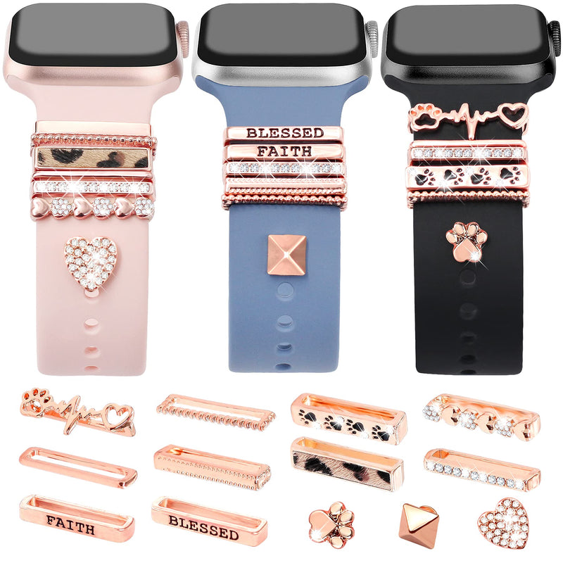 JR.DM 13 Piece Rose Gold Apple Watch Charms With 10-Pcs Decorative Rings Loops & 3-Pcs Classic Clasp, Compatible With Smart Watch 38mm 40mm 41mm 42mm 44mm 45mm Metal Diamond Sliding Strap Accessories for iWatch Series 8 7 6 5 4 3 2 1 (No Watch Band)