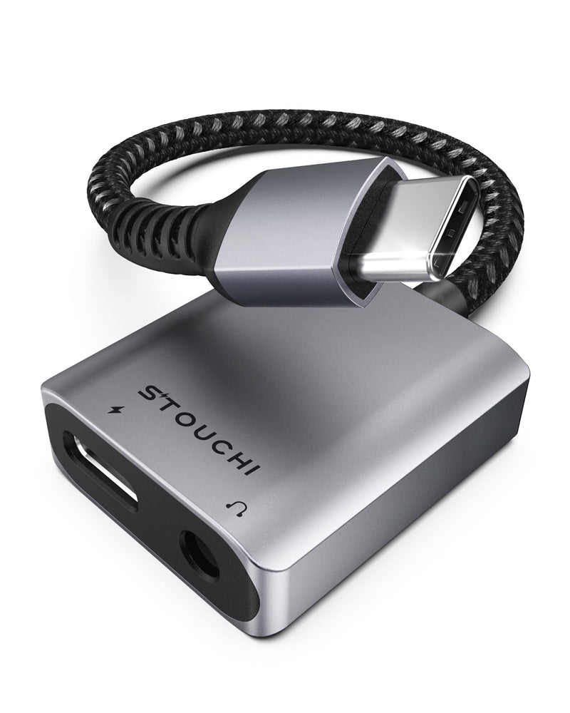 USB C to 3.5mm Headphone and Charger Adapter, Stouchi 2 in 1 USB C to Aux Audio Jack with 30W Fast Charging, Hi-Fi Dongle Compatible with New iPad Pro, Pixel 7/6A/6, Samsung Galaxy S22 S21 Note 20 Light Grey