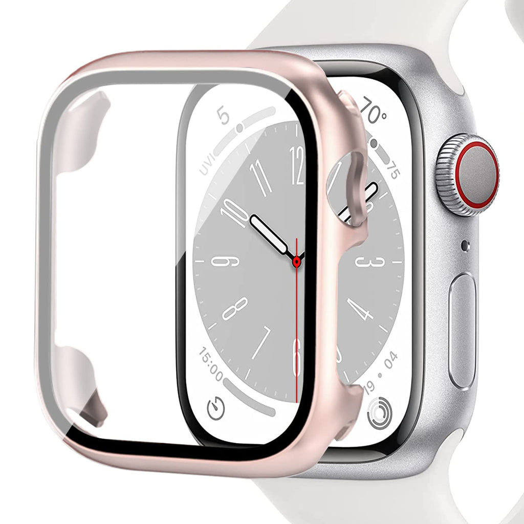 Miimall Compatible Apple Watch Series 8 41mm Case with Screen Protector Anti-Scratch Shockproof Hard PC and Tempered Glass Film Bumper Case for Apple Watch 41mm Series 7 & 8 (Rose Gold) Rose Gold For Apple Watch 7/8 41mm