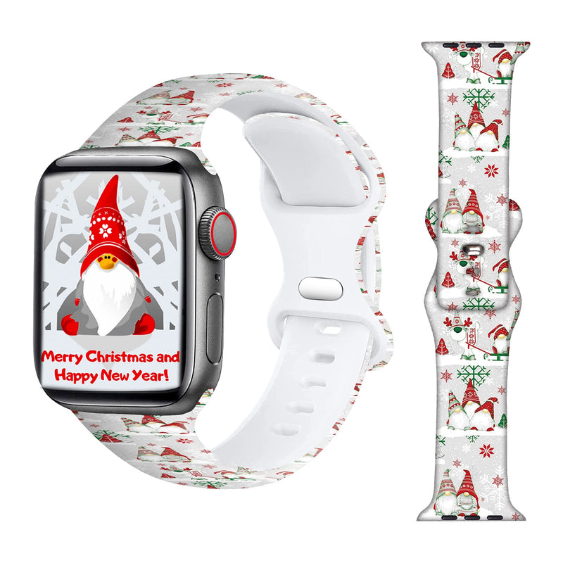 Christmas Silicone Bands Compatible for Apple Watch 38mm 40mm 41mm 44mm 42mm 45mm, Xmas Adjustable Soft Sports Wristband Strap for iWatch SE & Series 7/6/5/4/3/2/1 Christmas Gnome White 38mm/40mm/42mm