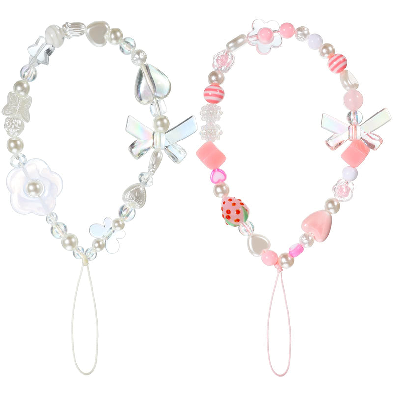 2 Pcs Phone Charms Strap Beaded Phone Strap Pink Cute Phone Charms Aesthetic Love Phone Lanyard Wrist Strap Beaded Phone Keychain Charm for Women Girl Gifts