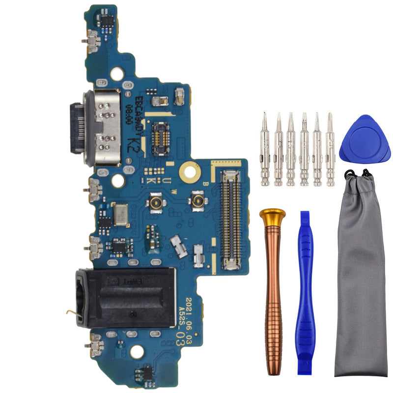 USB Charging Port Replacement Part Assembly Board for Samsung Galaxy A52s 5G SM-A528B with Microphone Headphone Jack and Tool Kit