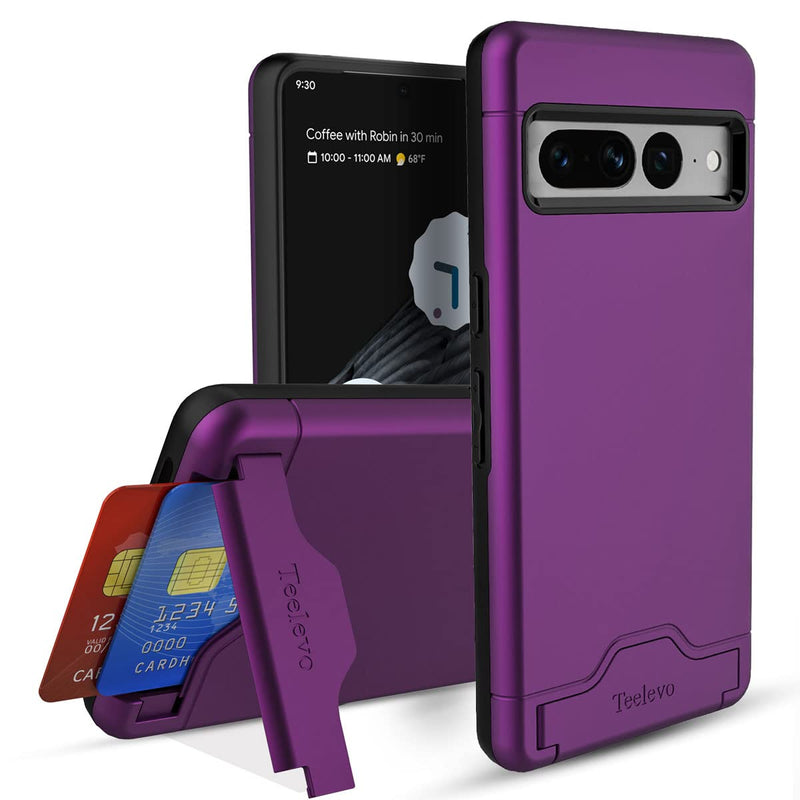 Teelevo Wallet Case for Google Pixel 7 Pro, Dual Layer Case with Card Slot Holder and Kickstand for Google Pixel 7 Pro - Purple