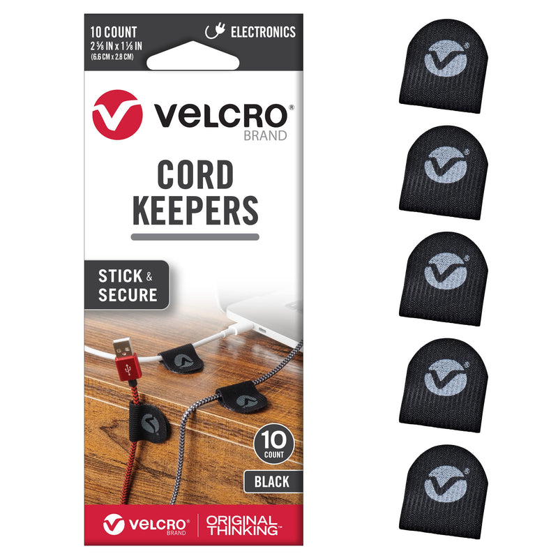 VELCRO Brand Cord Keepers | Soft Nylon Cable Clips Organize Wires in Home, Office, Desk or Nightstand | Removable Adhesive Back Holds Secure, Removes Clean | 10pk, Black