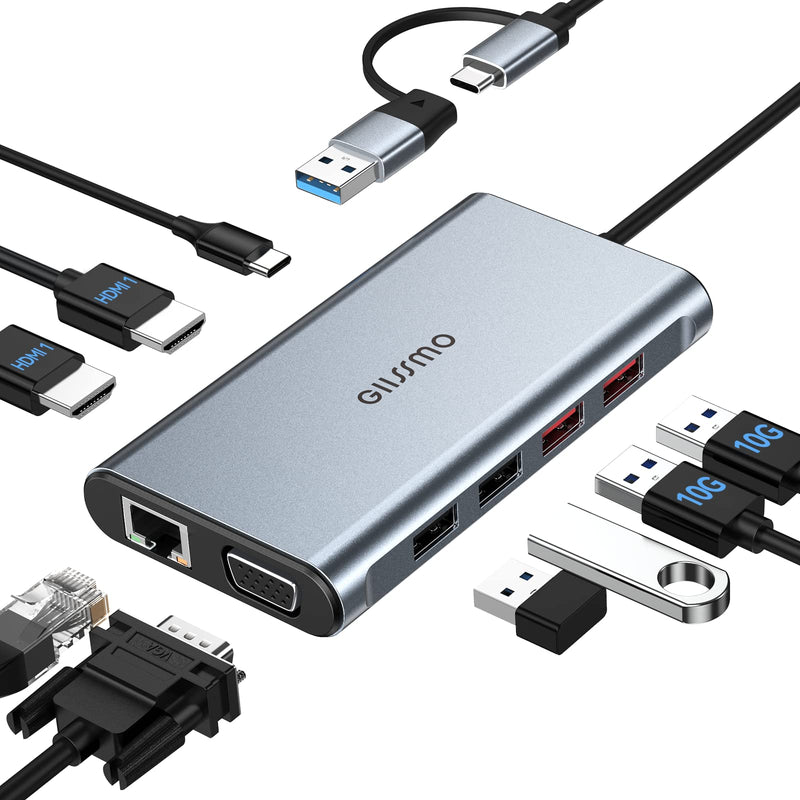 USB Docking Station Dual Monitor, GIISSMO 9-in-1 USB A 3.0 / USB C Docking Station Triple Monitor with 2 HDMI,VGA, 10Gbps USB 3.1, Gigabit Ethernet, Triple Display for Mac & MacBook & Windows Laptop Grey